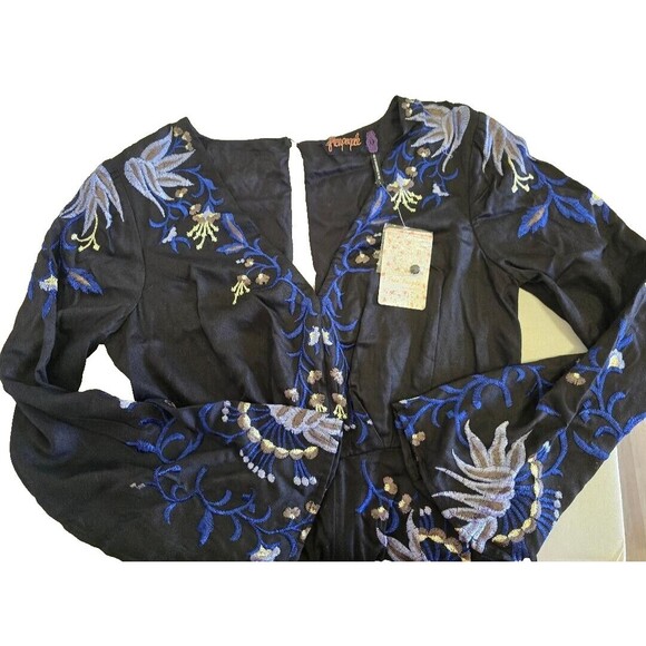 Free People Gypsy Rose Jumpsuit Floral Embroidered Black Size 4 Wide Leg… - Picture 14 of 16